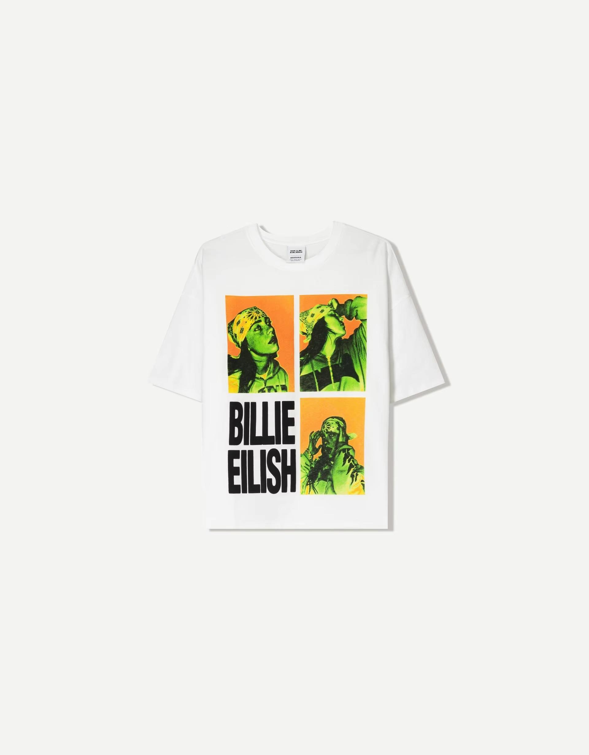 Billie Eilish Bandana Porträt Aufdruck Lässiges Mode Sommer T-Shirt für Herren und Damen Locker Übergröße Retro Baumwoll T-Shirt 2026 S