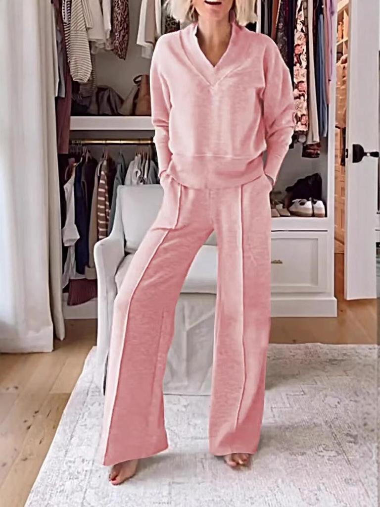 2025 Autumn/Winter V-neck Long Sleeve Loose Solid Color Women's Fashion Casual Pants Set