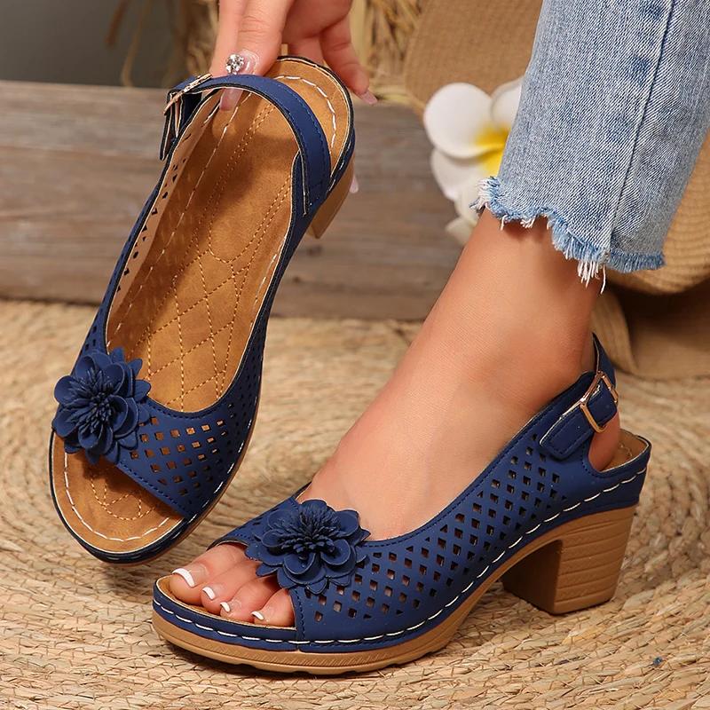 Fashion Fashion Flowers High Heels Sandals Women Back Strap Hollow Out Summer Sandles Woman 2025 Plus Size Thick Heeled Sandalias Mujer