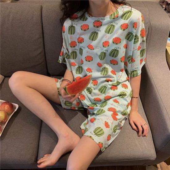 GMXIA Summer Pajama Women's Round-neck Thin Short-sleeved and Short Pants Cartoon Cute Girls' Youthful Home Wear Set