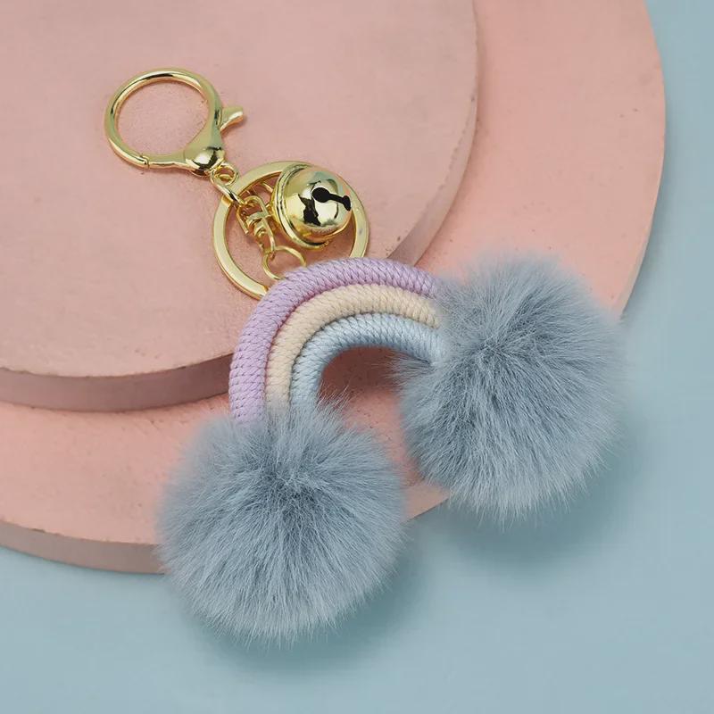Bohemian Rainbow Fur Ball Keychain with Hand-Woven Cotton Rope and Faux Rabbit Fur Pendant