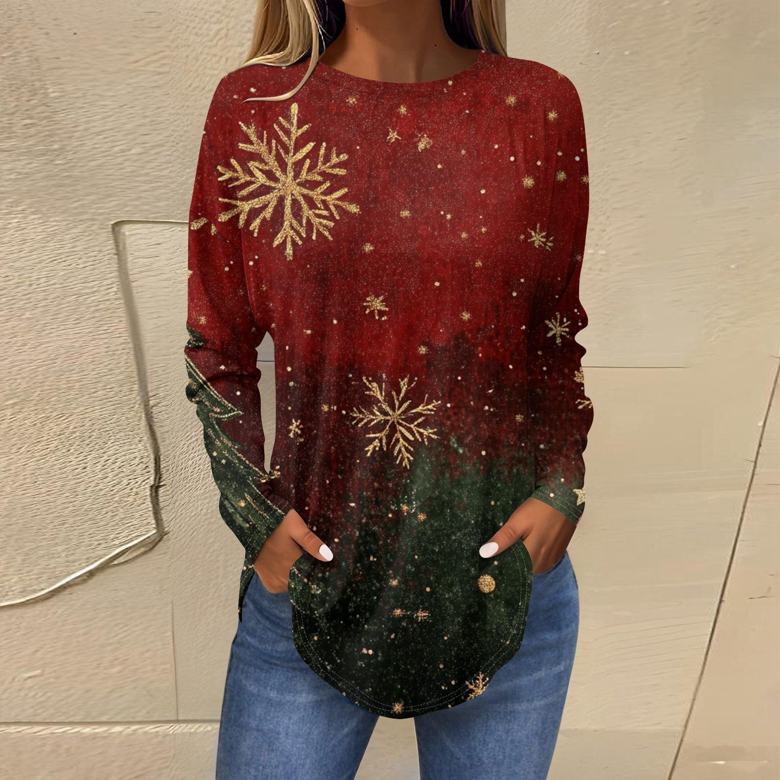 

Футболки для женщин, осенние повседневные рубашки с длинными рукавами, толстовка с ретро-принтом, топ для рождественской вечеринки, пуловер XXXL