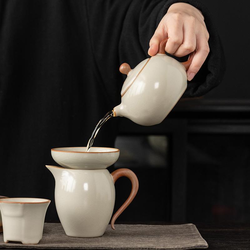 Beige Ru Kiln Kung Fu Tea Set Household Ceramic Tea Bowl Teapot Business Full Set of Gifts Tea Set