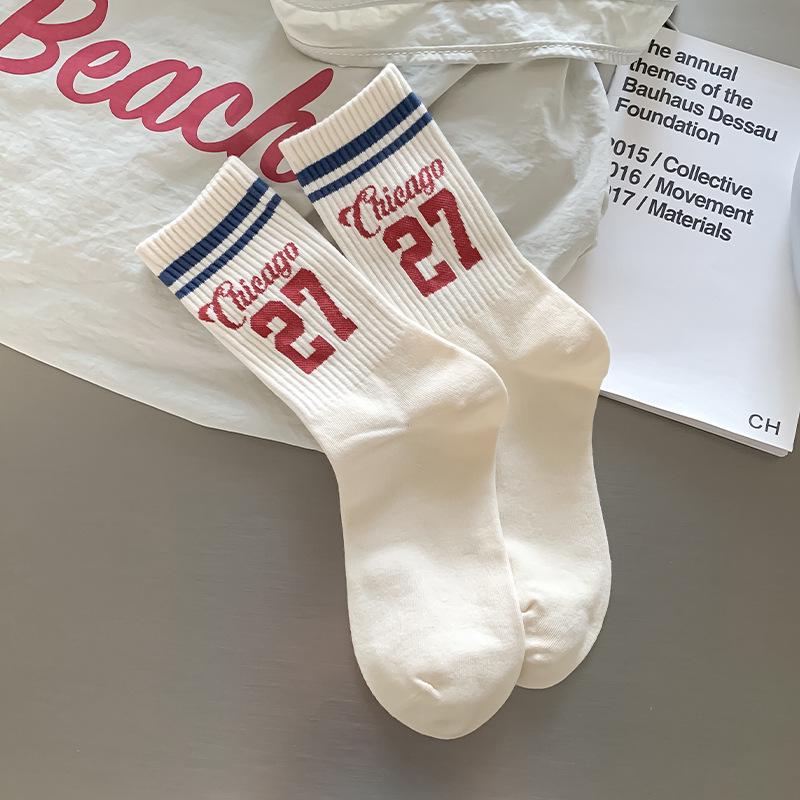 Women's Autumn Winter Boneless Mid-Calf Socks - Korean Style, Breathable, Sweat-Absorbing, Trendy Letter Design