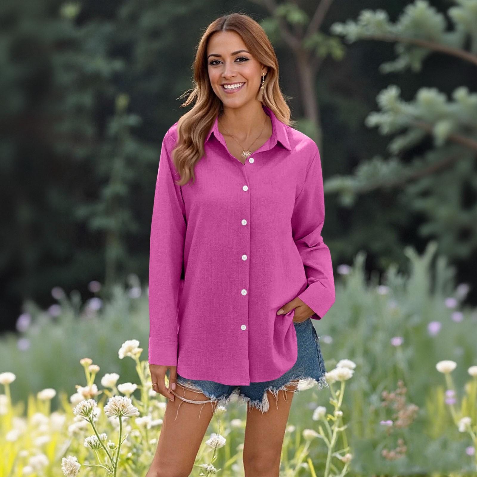 Women s Casual Color Tops Long Sleeve Button Loose Breathable Shirt M