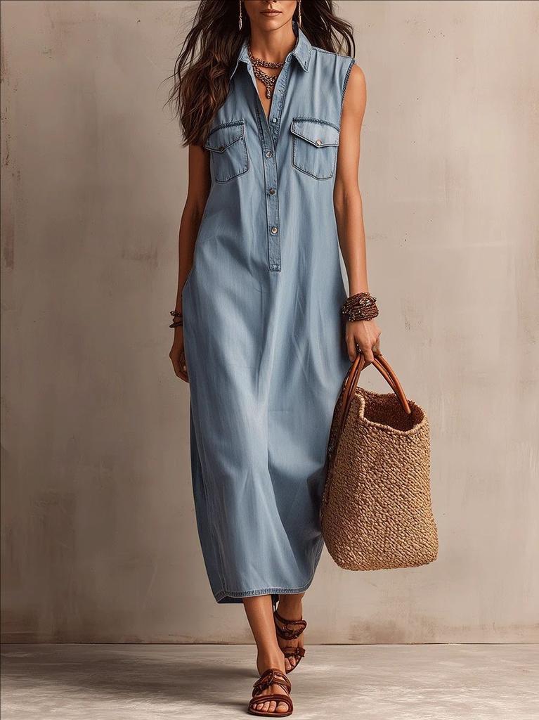  European and American new products Bohemian sleeveless imitation denim vacation medium and long women's jumpsuit
