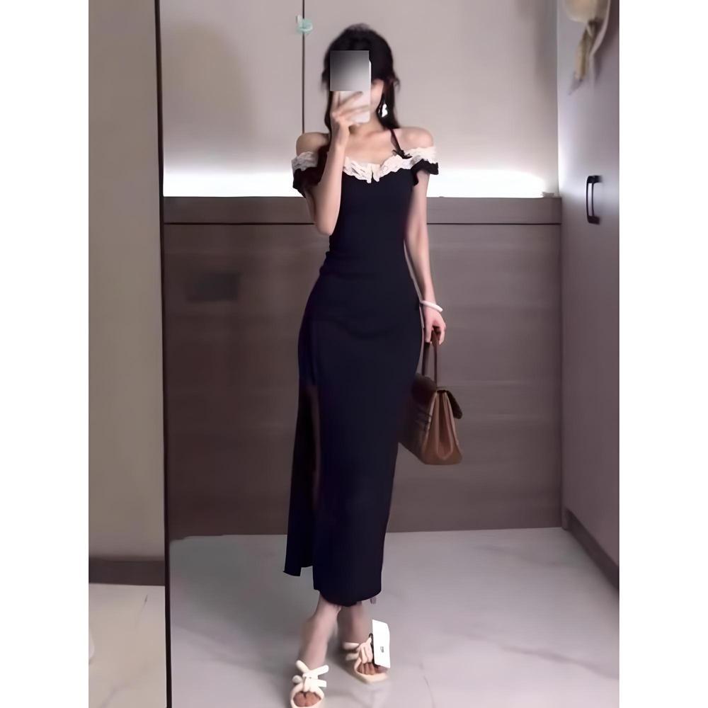 Lace Splicing Neck One-word Shoulder Dress Women's Summer Niche Slim and Thin Waist and Hip Long Dress