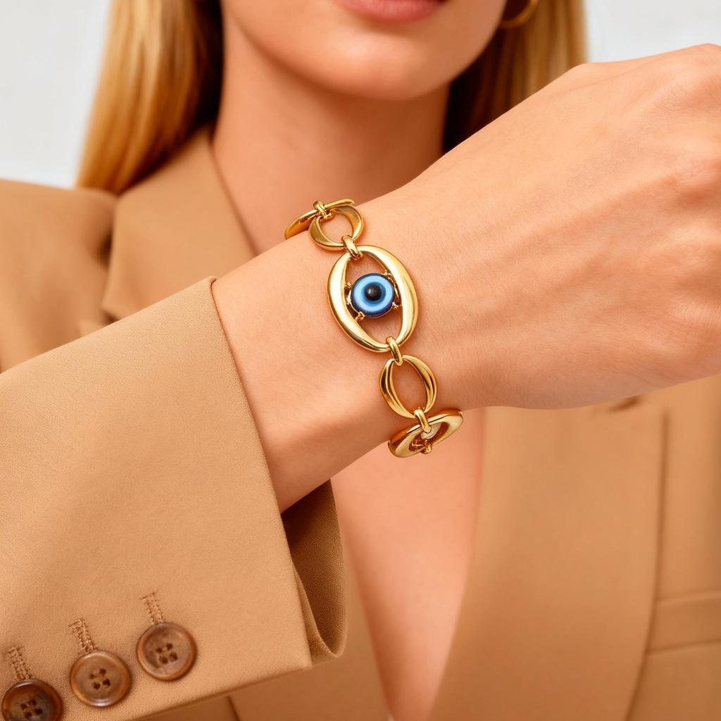 Distinctive Elliptical Devil's Eye Bracelet for Women,Stainless Steel Hand-made Chain Bracelets,Minimalist Lucky Jewelry Gift