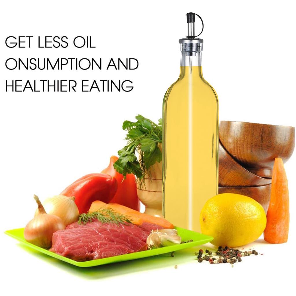 Distributeur Carré en Verre pour Huile d'Olive et Vinaigre Cruche Bouteille à Assaisonnement Bec Anti-Goutte Arroseur pour Cuisine Vinaigrette 500ml / 17oz
