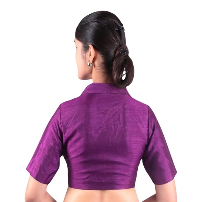Women’s Solid Collar Neck Readymade Saree Blouse | Front Open Non Padded | Half Sleeve Art Silk Blouse