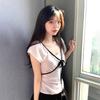 Sweet waist and thin bow strap v-neck short-sleeved T-shirt women's summer fashion age-reducing versatile small top