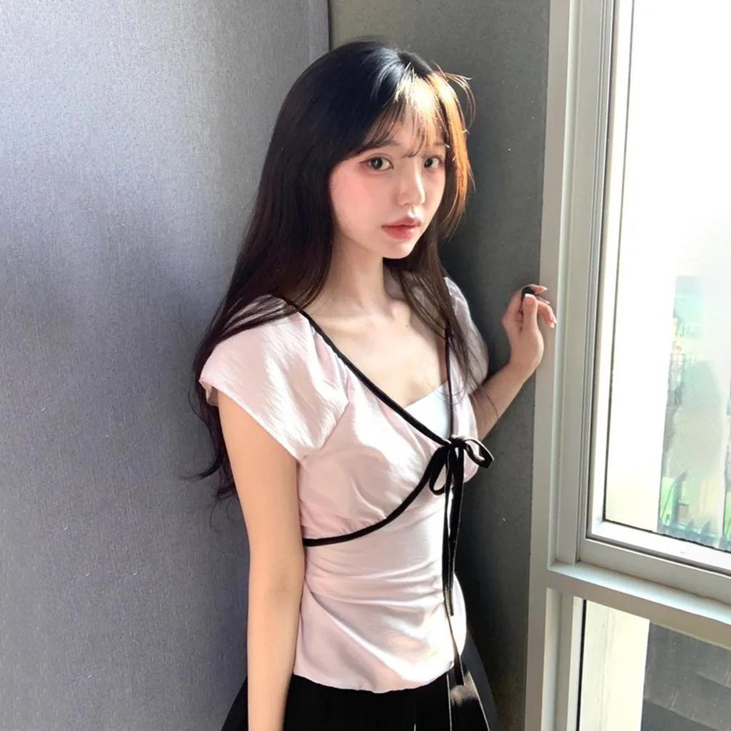 Sweet waist and thin bow strap v-neck short-sleeved T-shirt women's summer fashion age-reducing versatile small top