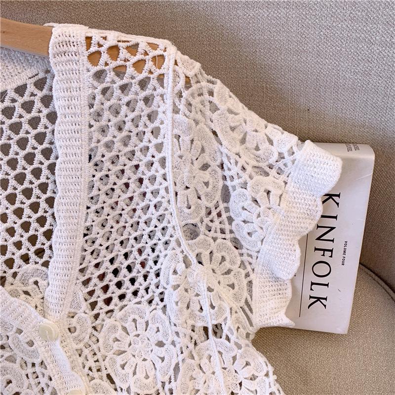 Women's French V-Neck Crochet Knit Cardigan - Chic Summer Fashion, Slimming Loose Fit, Versatile Top