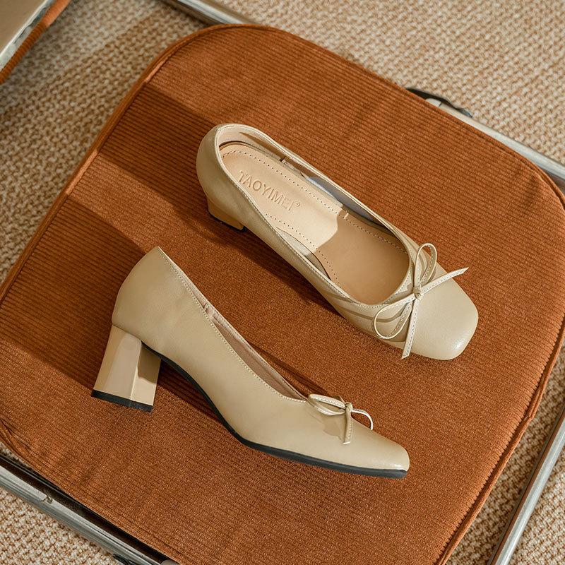 Leather commuter thick heel low heel single shoes women's versatile soft leather comfortable not tired feet work shoes bow high heels