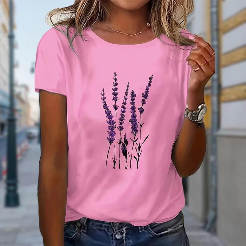 Women Summer T Shirt Lavender Print Retro Fashion Short Sleeve Tees Casual   Printed  Tops