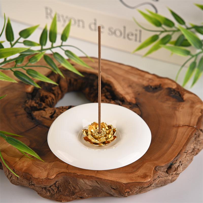 Ceramic White Lotus Alloy Incense Holder for Home Use - Suitable for Stick and Sandalwood Incense