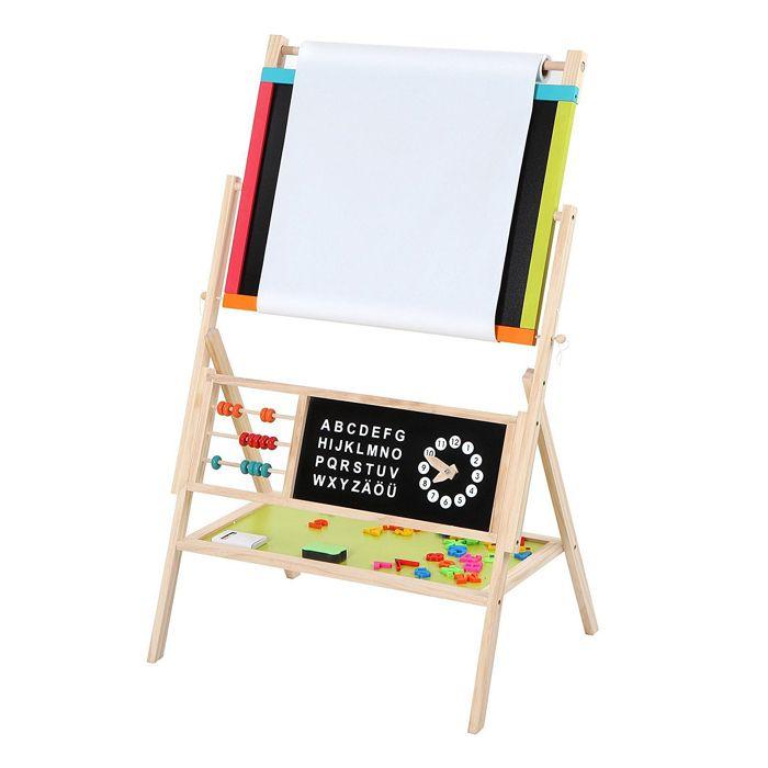 GINGER HOME – Chevalet enfant 3-en-1 en bois : tableau noir, tableau blanc magnétique + rouleau papier, accessoires