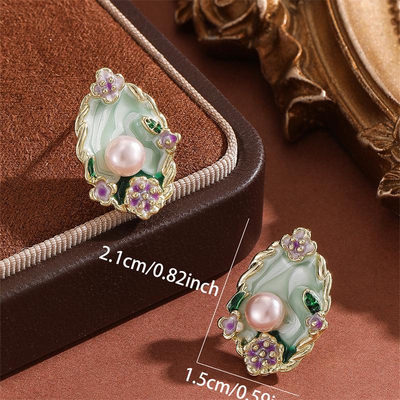 Garden Pearl Earrings - Colorful Glazed Flowers Stud Earrings - Retro-Inspired Pearl Jewelry
