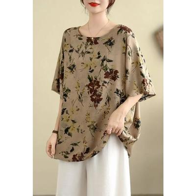 Cotton Silk Short-sleeved Summer T-shirt New Loose Large Size Artistic Retro Ethnic Print Top Floral Women's Clothing