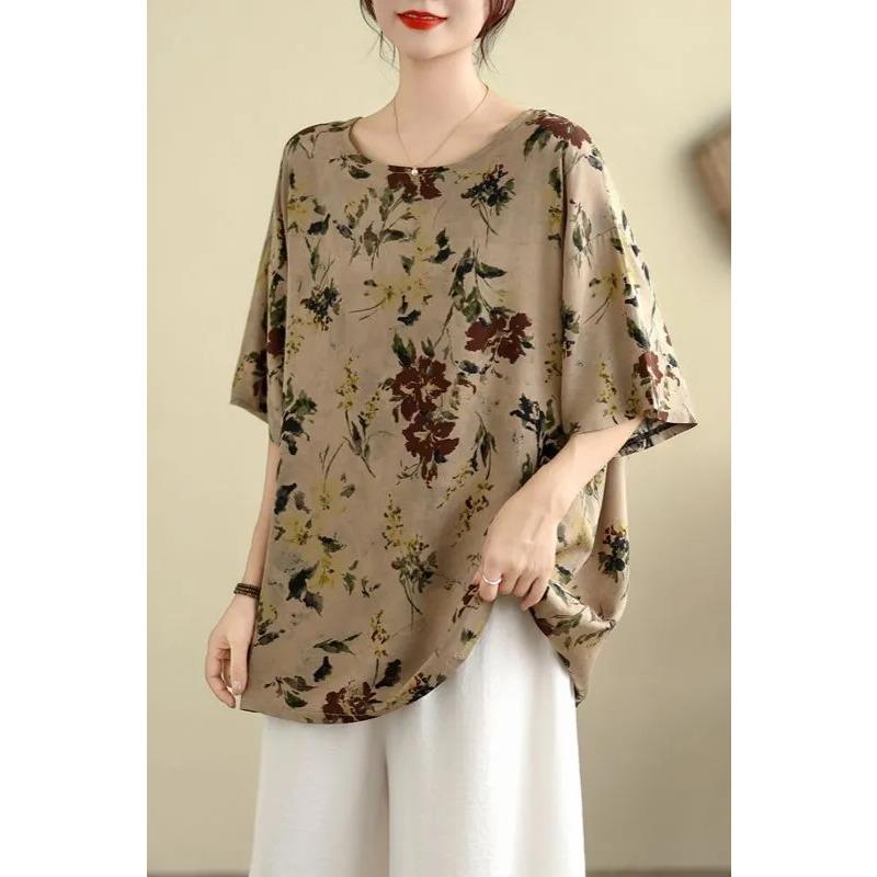 

Хлопок Шелк Короткий рукав Летняя Футболка Новая Свободная Большого Размера Художественный Ретро Этнический Принт Топ Цветочный Женская Одежда L коричневый
