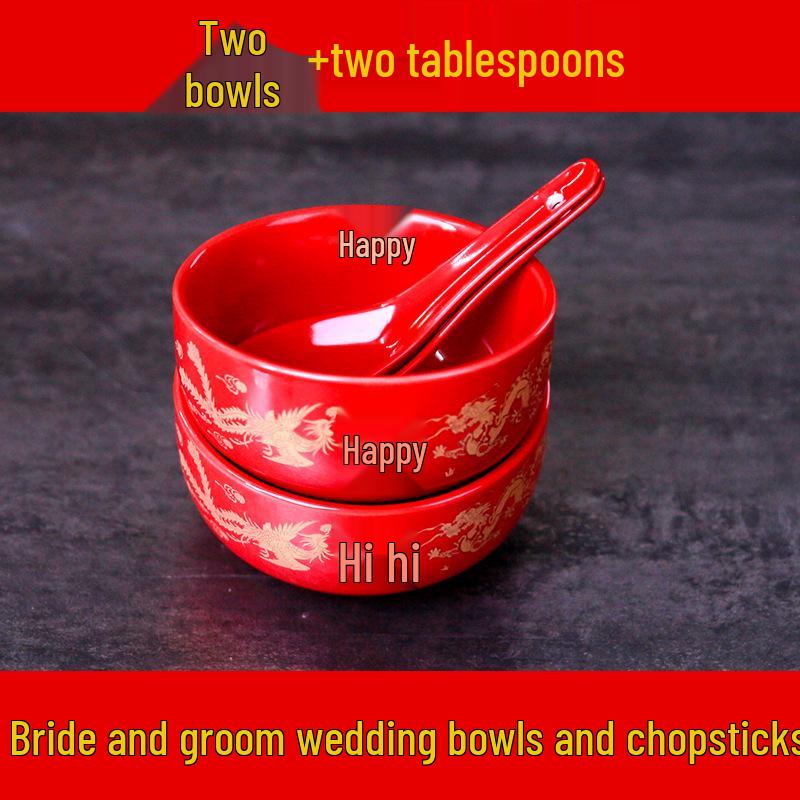 Festive Newlywed Ceramic Bowl & Chopstick Set: Happy Bowls & Red Soup Spoon for Wedding Banquet Tableware