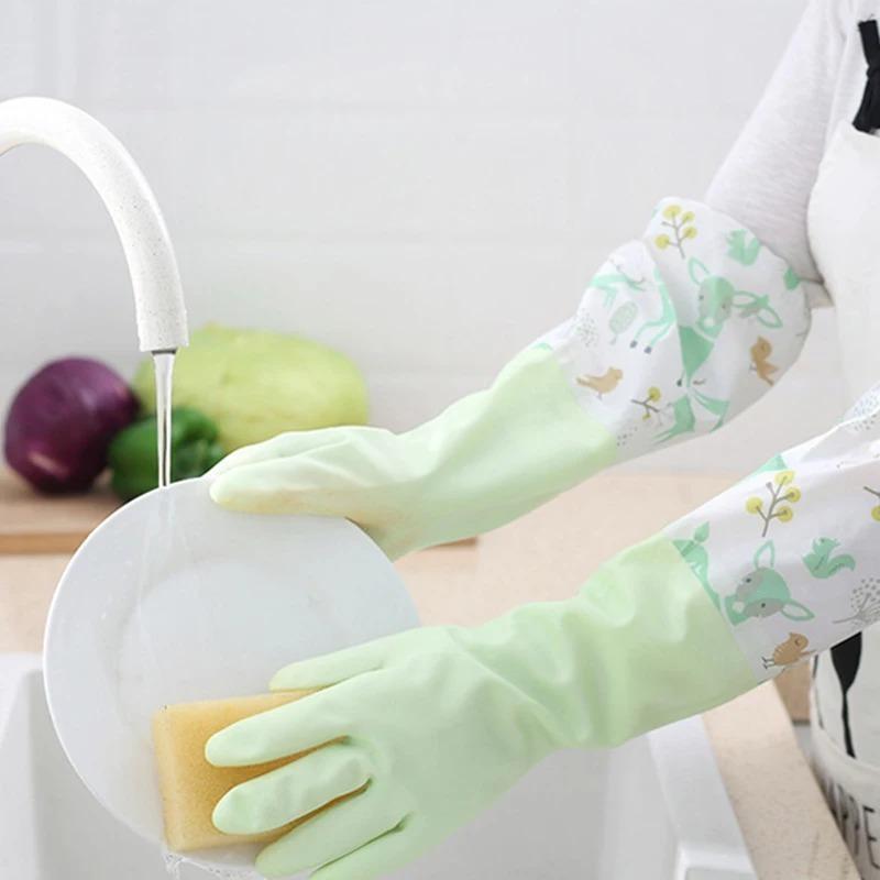 Dishwashing Gloves Household Chore Splicing Sleeve Waterproof Gloves Plush Elastic Band Mouth Rubber Gloves