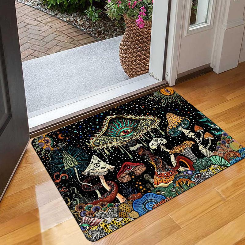 Whimsical Mushroom & Eye Print Doormat, Colorful Non-Slip Rug for Indoor Outdoor, Bathroom, Laundry & Home Decor