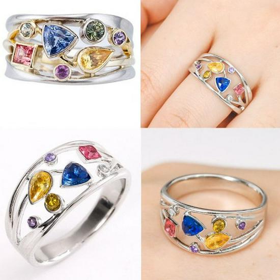 Exquisite Women's Colorful Geometric Pattern Micro-Diamond Wave Line Ring