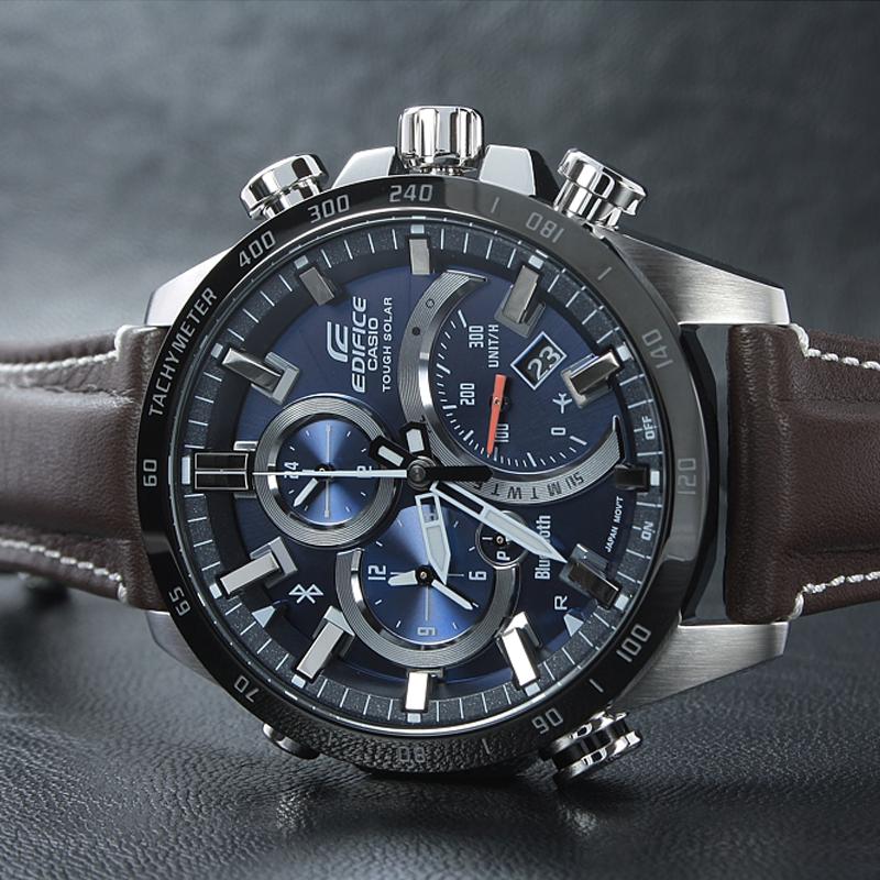 Casio EDIFICE 100 Meters Waterproof, Solar Quartz Movement, Leather Strap, Japanese and Korean Watch, Men's Watch, Blue Dial EQB-501XBL-2A