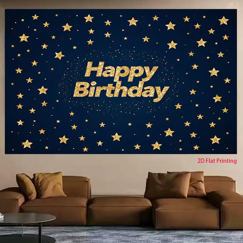 

Glitter Gold Star Birthday Tapestry, Dark Blue Starry Night Wall Hanging 47.2x31.5inch/120*80cm