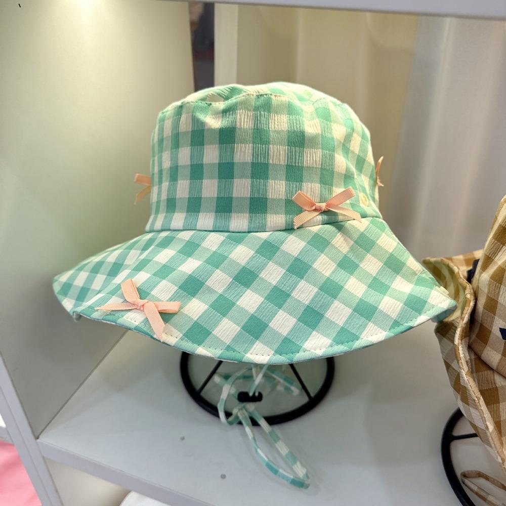 Sun Protection Drawstring Sun Hat Small Lattice Bow Bucket Hat Sweet Plaid Hiking Cap  Famale