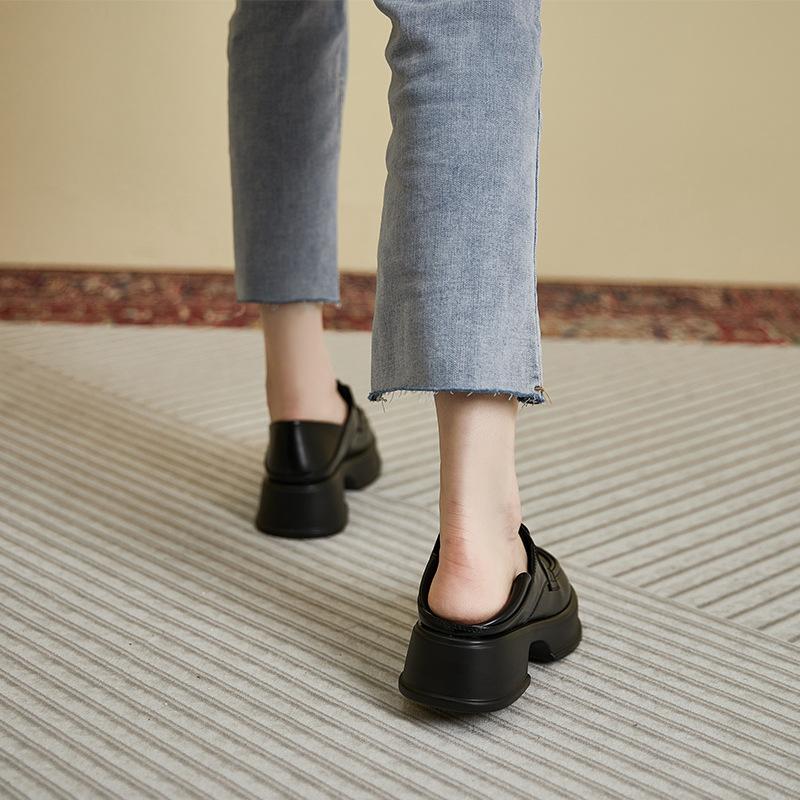 2025 spring new British style lace-up platform loafers retro round head small leather shoes women's genuine leather heightening women's shoes