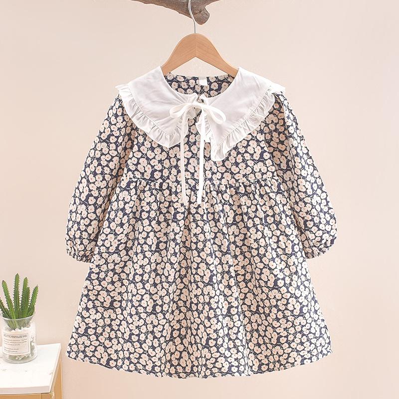 2025 Girls' Floral Princess Long Dress with Peter Pan Collar – Trendy Spring/Autumn Fashion