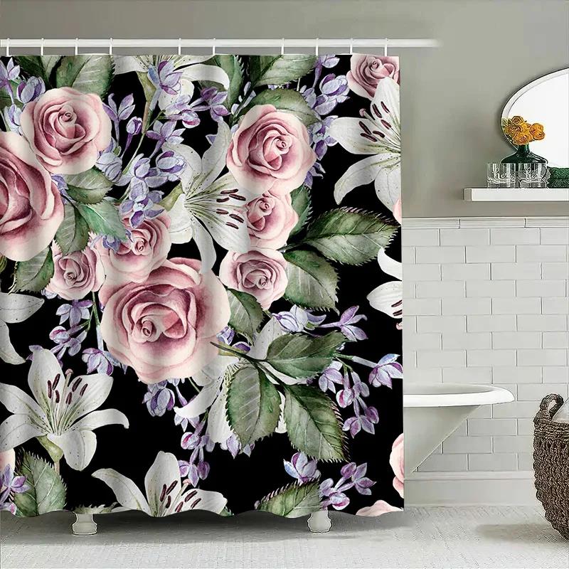 Floral Shower Curtain Pink Rose White Lilies Waterproof Polyester Bathtub Decorative Bathroom Window Curtains 3D Print Showercur