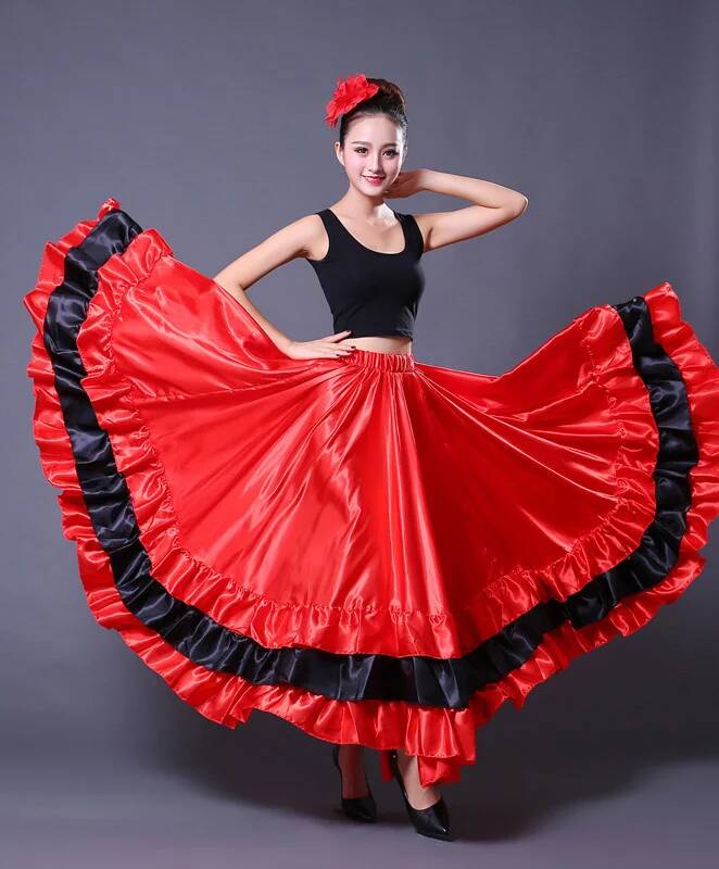 Rok Zigeunervrouw Spaans Flamenco Polyester Satijn Glad Grote Zwaai Carnaval Feest Danszaal Buikdans Kostuums Jurk 540 Degree red
