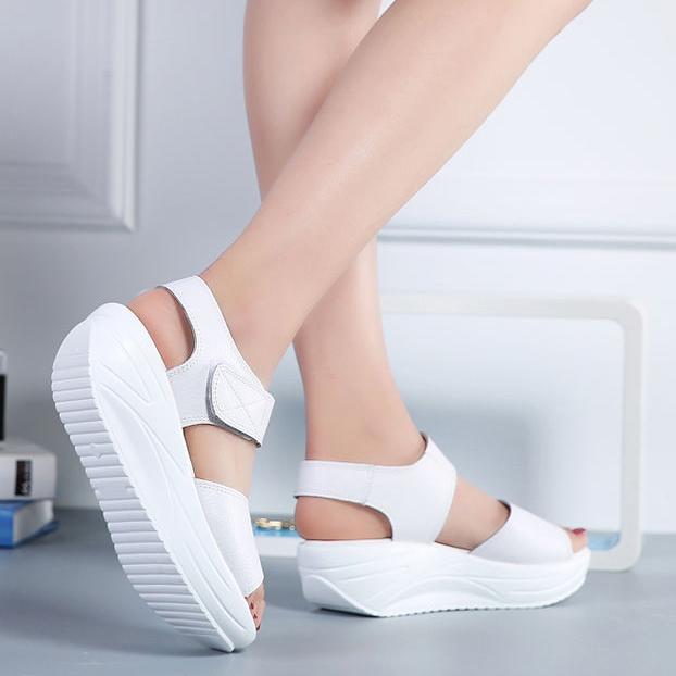 WTEMPO Women Large Size Wedge High Heels Shoes Female Solid Color Buckle Platform Leather Casual Summer Slippers