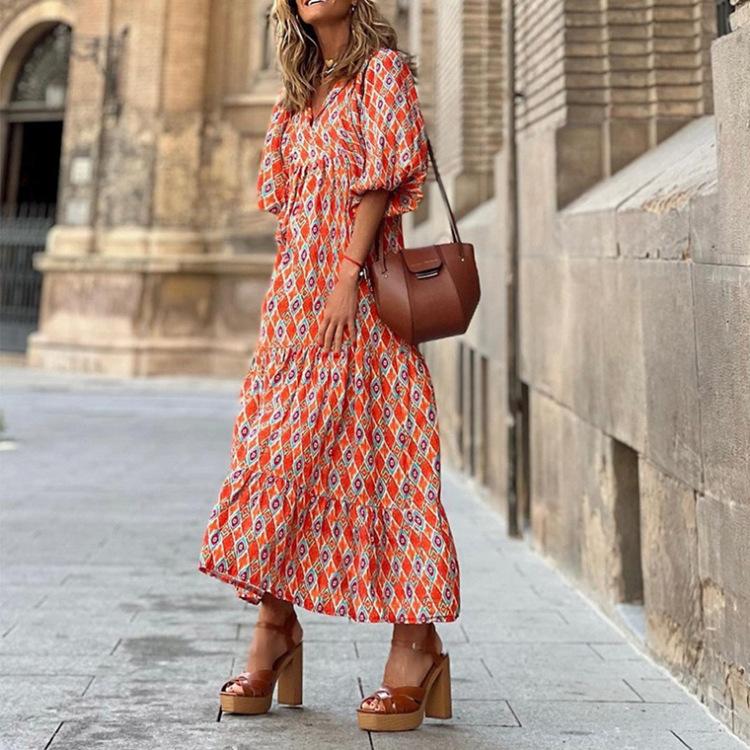 2023 Autumn New Independent Station Hot-selling Geometric Printing Bubble Sleeve Dress Street Fried Street Large Size Women's Clothing