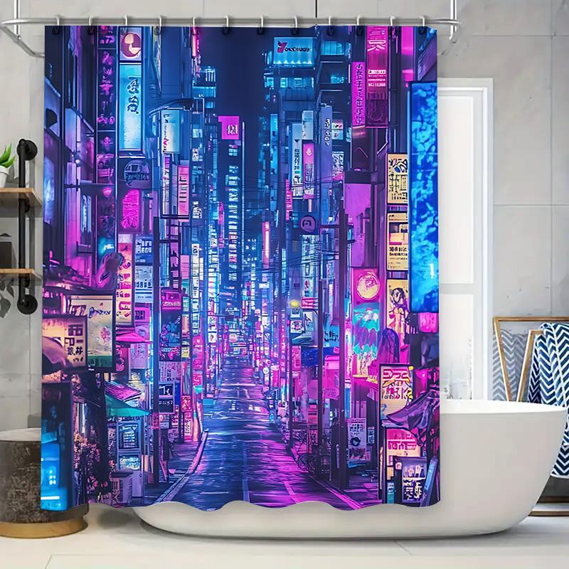 Cyberpunk Cityscape Shower Curtain Neon Signs Skyscrapers Futuristic Bathroom Decor Waterproof Durable Complimentary Hook