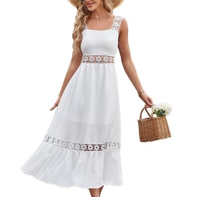 Boho White Dress Women Sexy Midi Dress Female Hollow Out Elegant Off Shoulder Beach Dress Ladies Fashion Square Collar Dress