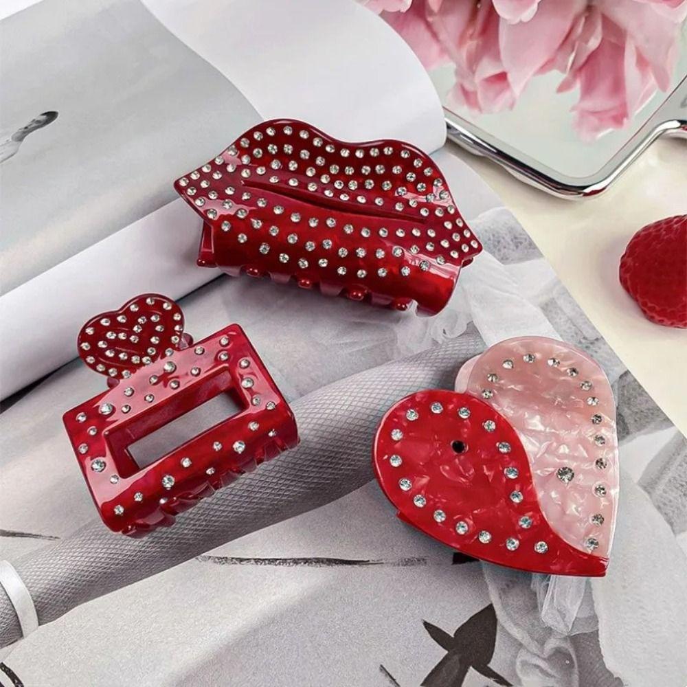 Acetic Acid Vermilion Lips Hair Claw Vintage Rhinestone Shark Clip Hollow Heart Hair Clip  Women