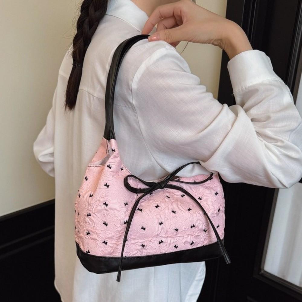 Simple Style Sweet Shoulder Bag Portable Contrast Handbags Gift Bowknot Underarm Bag  Daily Use