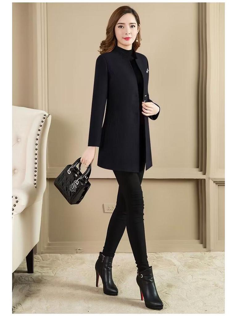 Ladies' Mid-Length Woolen Coat with Slim Fit and Short Stand Collar for Autumn/Winter