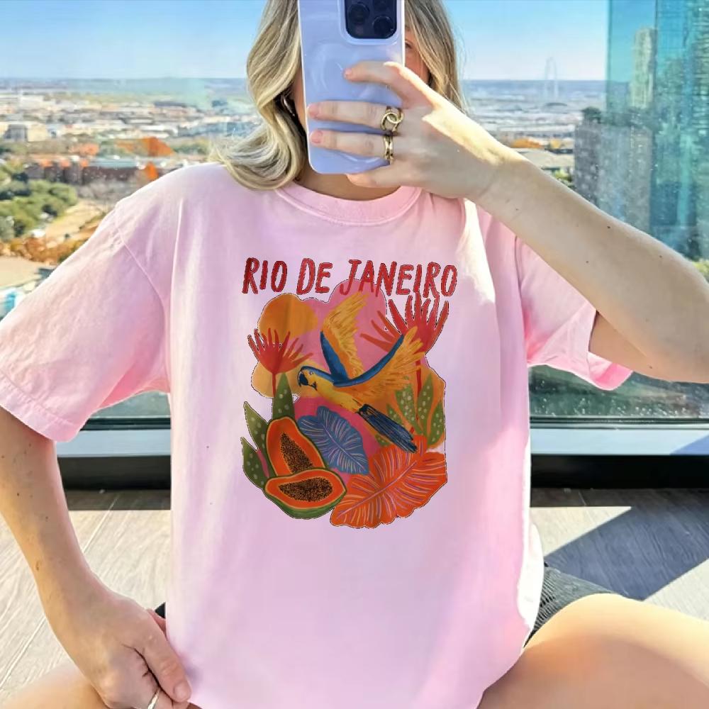 Unisex Rio De Janeiro Parrot Papaya Tropical Leaf Print T Shirt Heather Cotton Tee Brazil Travel Vacation Casual Daily Summer Top