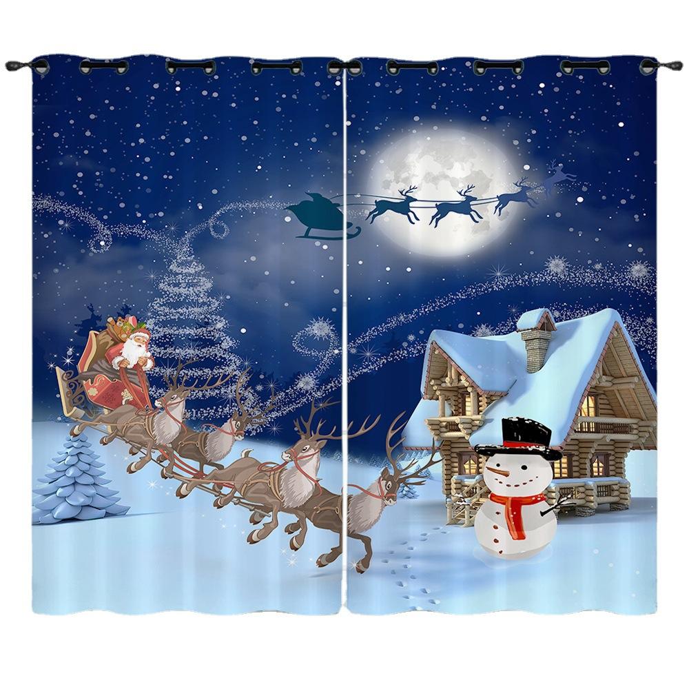 Christmas Day Curtains Blues Bedroom Sunshade Blackout Curtain No Punching