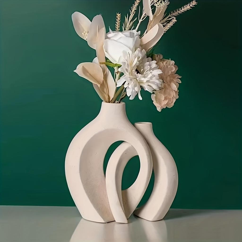 Holle Scandinavische Moderne Keramische Vaas Set van 2 voor Moderne Huisdecoratie, moderne Boho Holle Bloemvazen voor Woonkamer Boekenplank