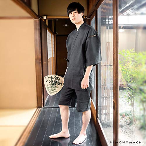 [KIMONOMACHI] Kyoto Kimonomachi Original Men's Jinbei, Ink Black Stripes, Cotton and Linen, Size LL, Father's Day Gift, Loungewear, Plus Size
