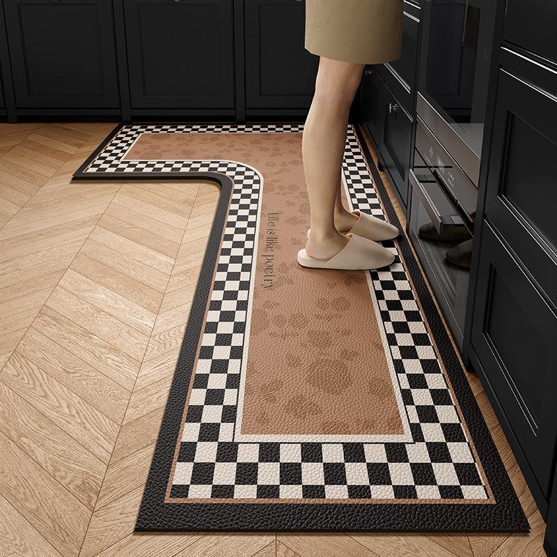 Kitchen Floor Mat PVC Waterproof Non-slip Carpet L Shape Brown Leather Foot Mat Floral Rug Texture Home Decorative Carpets