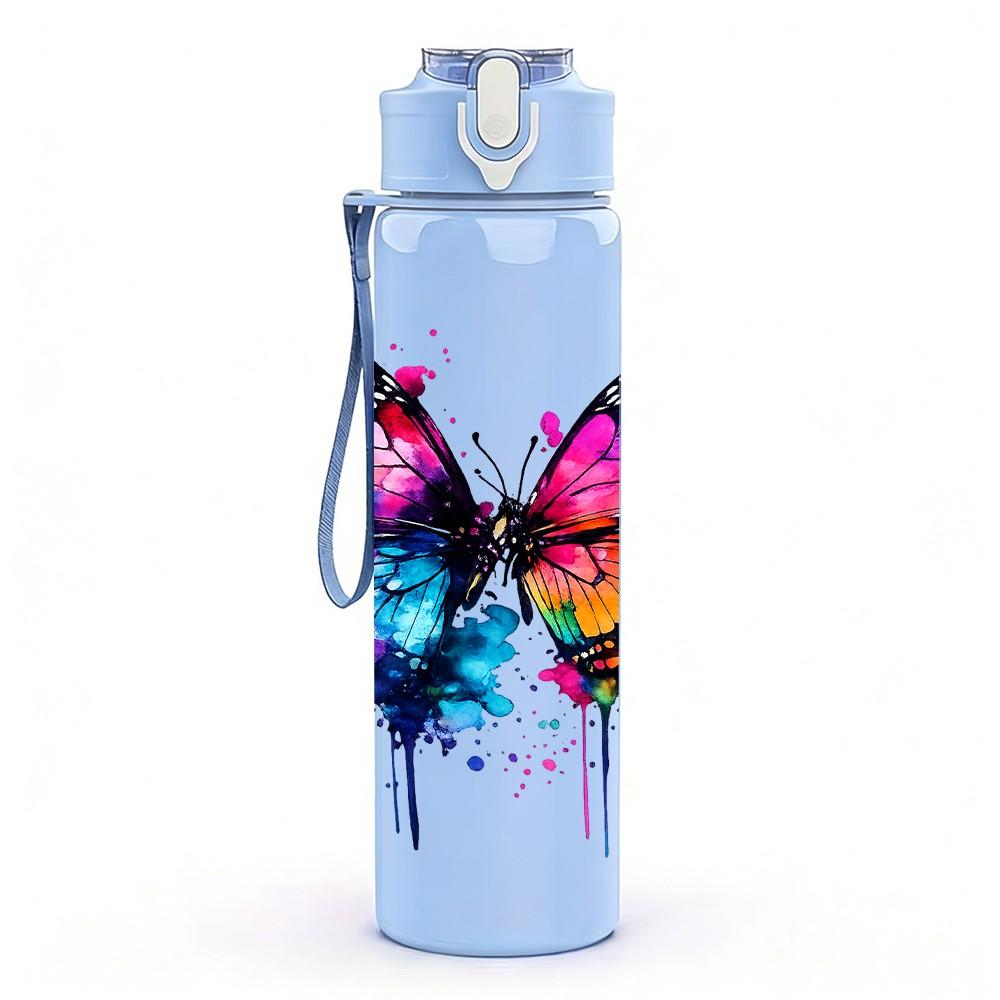 1PC Vibrant Watercolor Butterfly Art Print 750ml Color Plastic Sports Water Bottle Leakproof Flip Straw Lid Suitable for Sports Office Home Use