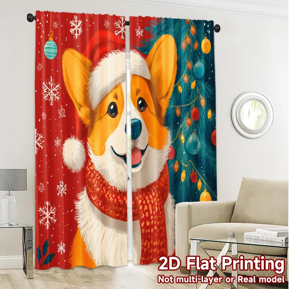 Set Of 2 Flat Printing Jit Curtains Without Rod Christmas Corgi Chic Polyester Decorations Curtain Semi Sheer Made