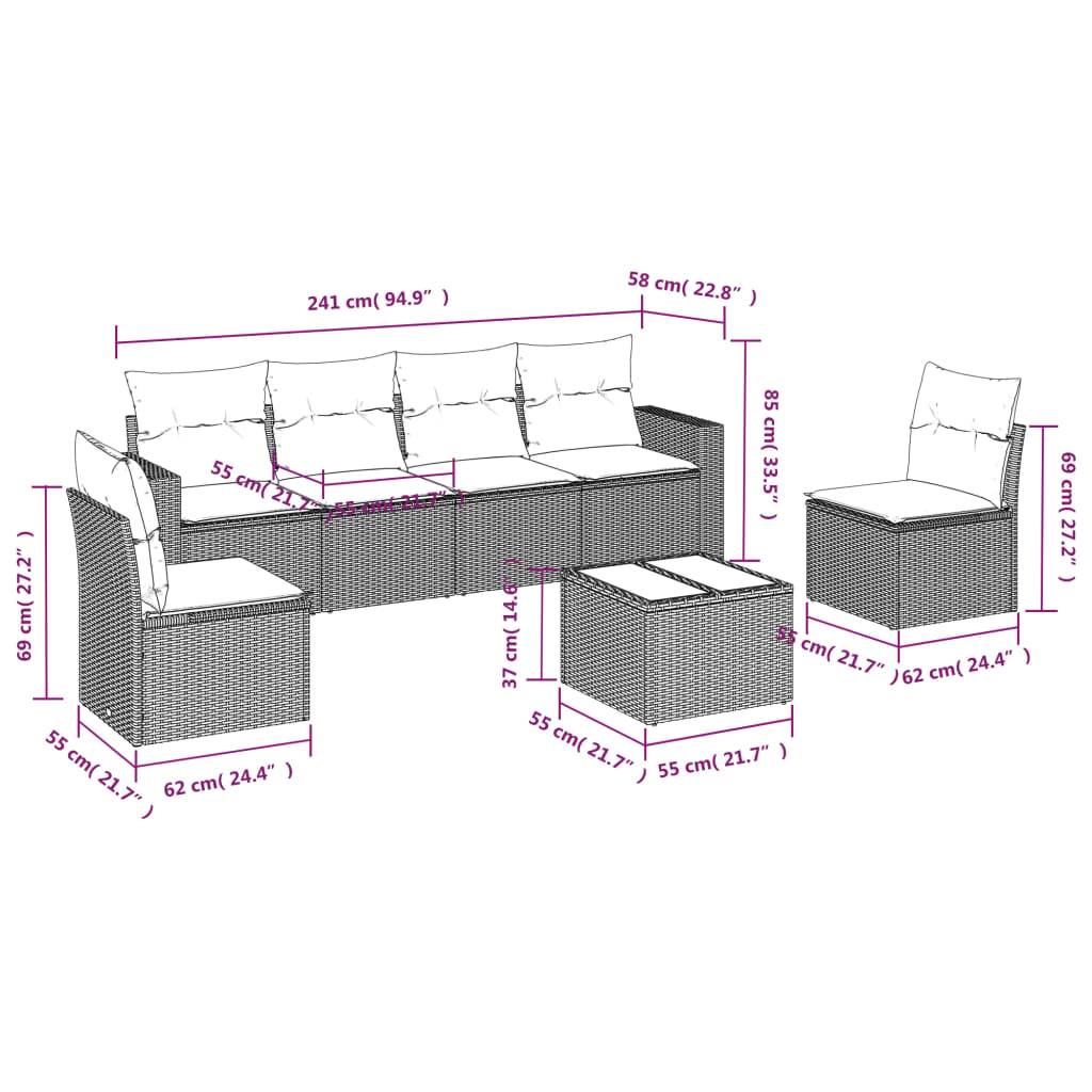 7 Piece Garden Sofa Set with Cushions Gray Poly Rattan